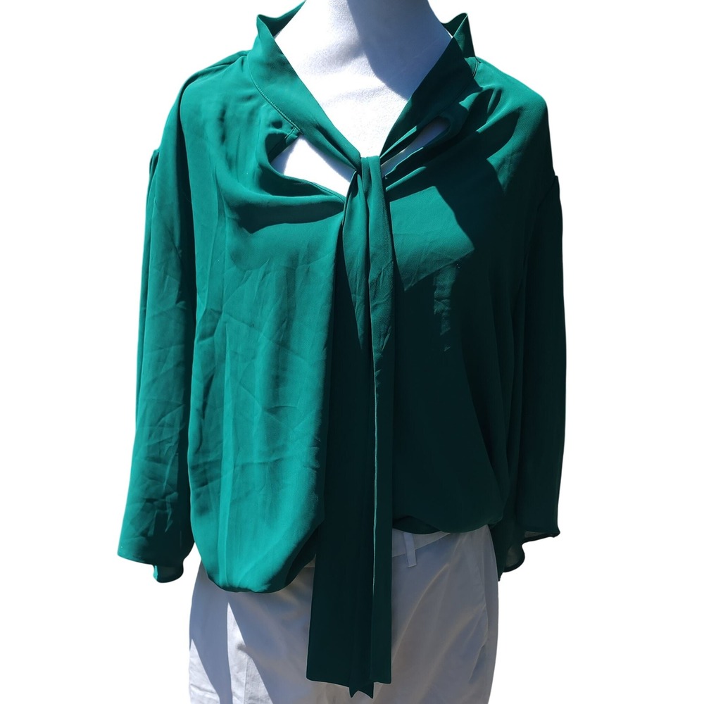 Eloquii Womens Plus 28 Emerald Green Tie Neck Cutout Dolman Sleeve Blouse READ